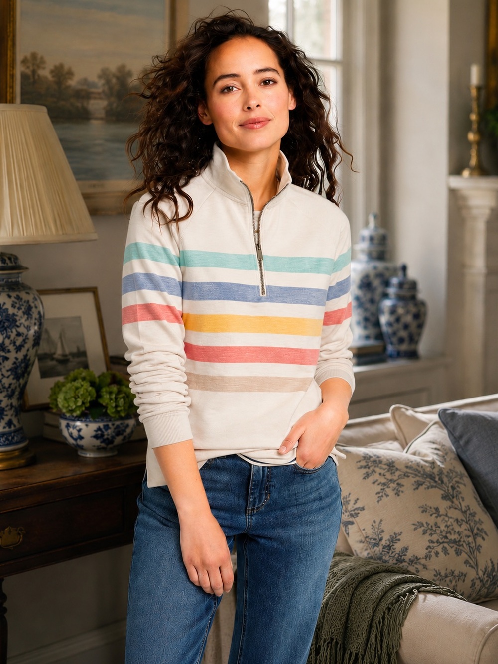 L.L. Bean Women's Peaks Island Quarter-Zip Pullover, Striped Size Large